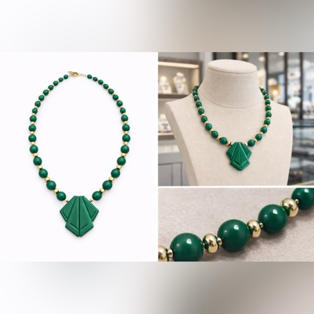 💚 Emerald Green & Gold Beaded Art Deco Statement Necklace 💛